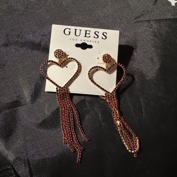 NWT Guess Gold & Red Heart Rhinestone Earrings - Picture 1 of 5